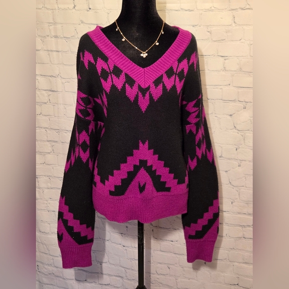 Wrangler Retro Womens Sweater Vneck Pullover Aztec Western Purple Black Large/XL - Picture 1 of 6